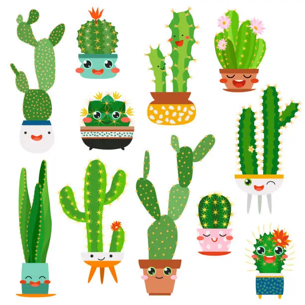 Vector illustration of Cute cactus pots. Happy face cartoon succulent cacti funny flower smile plant lovely friends, desert garden cactuses