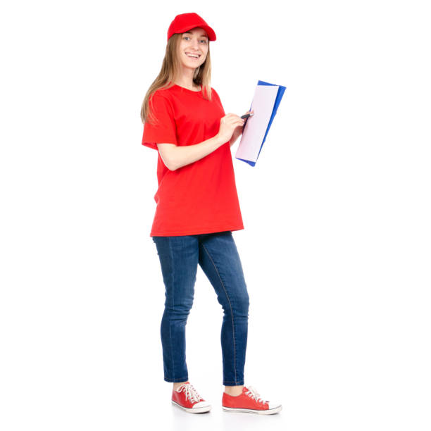 istock Delivery woman in red uniform isolated 1090582450