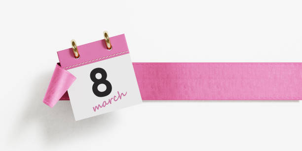Calendar on pink ribbon over white background. 8 March is written with bold text on calendar. Clipping path of calendar is included. Great use for International Women's Day related concepts. Horizontal composition with copy space.