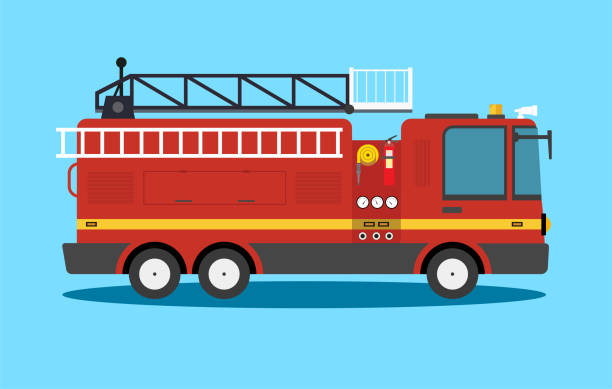 stockillustraties, clipart, cartoons en iconen met cartoon platte amerikaanse brandweerwagen auto vector illustratie noodsituatie voertuig - vector - brandweer