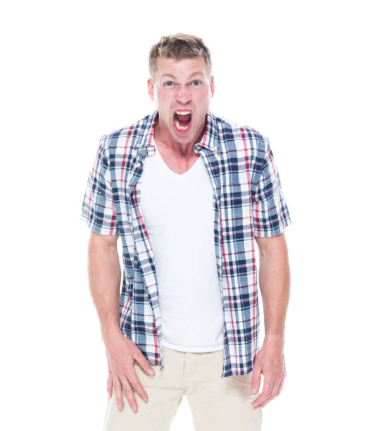 istock Handsome man in shirt and shorts is shouting 1090591932