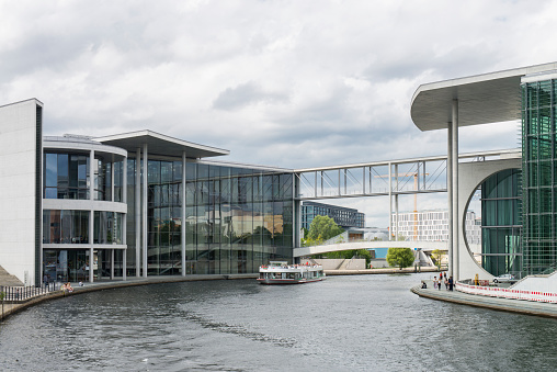 View of the Marie-Elisabeth-Lüders-Haus building and the Spree River at Berlin, Germany.