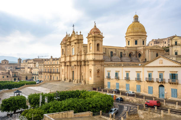 View of Cathedral of Noto Aerial view of the historic baroque cathedral called Basilica Minore di San Nicolo noto sicily stock pictures, royalty-free photos & images