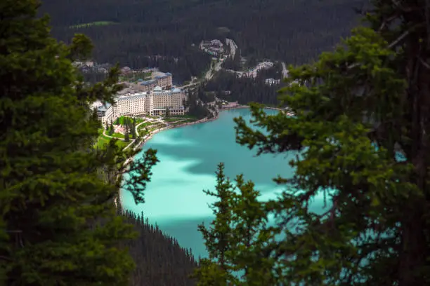 Photo of View from the top of the mountain of hotel at Lake Louise with turquoise color in the lake in summer, in Alberta ,Canada