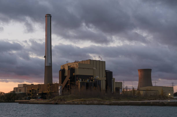 Power plant at sunrise stock photo