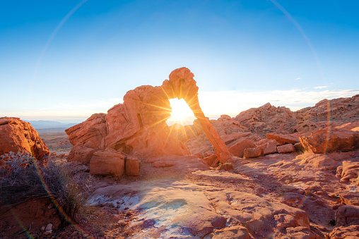 Elephant rock formation with sunrise and sunray at Valley of fire, Nevada