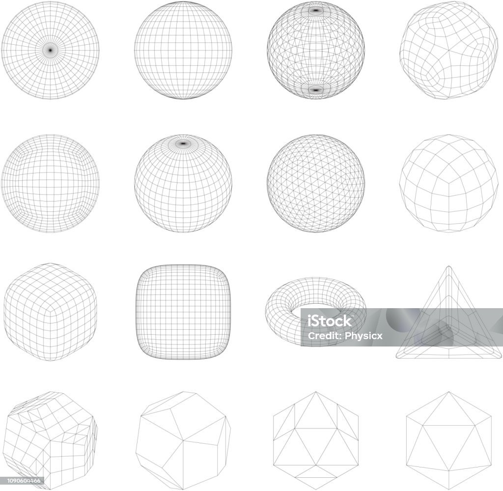 Wireframe mesh objects. Network line, HUD design sphere. Abstract 3d icons set. Wireframe mesh objects. Network line, HUD design sphere. Abstract 3d icons set. Isolated on white background Sphere stock vector