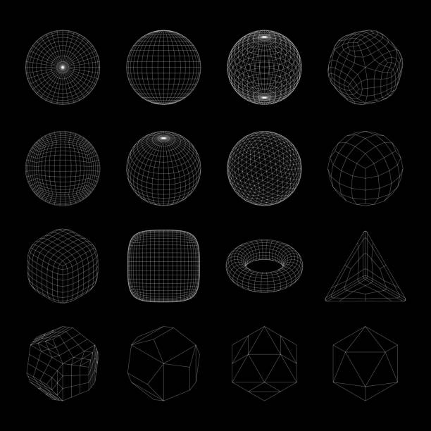 ilustrações, clipart, desenhos animados e ícones de objetos de malha de arame. linha de rede, design esfera de hud. conjunto de ícones 3d abstratos. - hexahedron