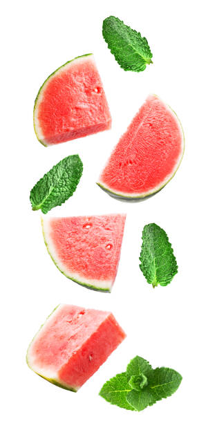 Flying sweet watermelon and mint isolated on white stock photo