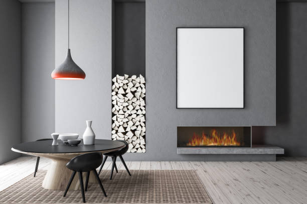 istock Gray dining room, fireplace and poster 1090610060