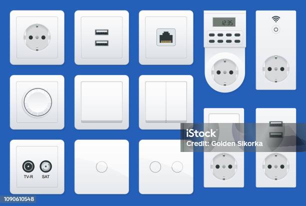 Switches And Sockets Set All Types Ac Power Sockets Realistic Illustration Stock Illustration - Download Image Now