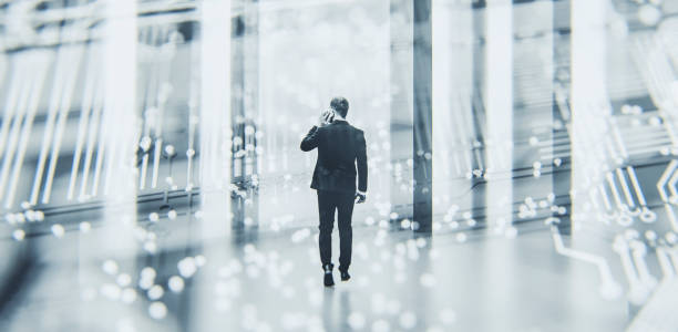 istock Abstract businessman walking in VR environment 1090611026