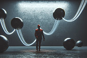 Abstract businessman with wired spheres
