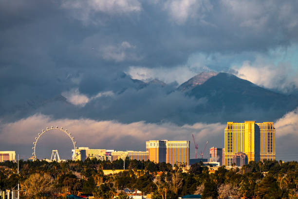 Las Vegas, Nevada, USA - January 06, 2019: Las Vegas hotels on a stormy day.Las Vegas is one of the most popular travel destination and famous for night entertainment. It does not happen very often a day like this in Las Vegas. Shot with 600mm lens.