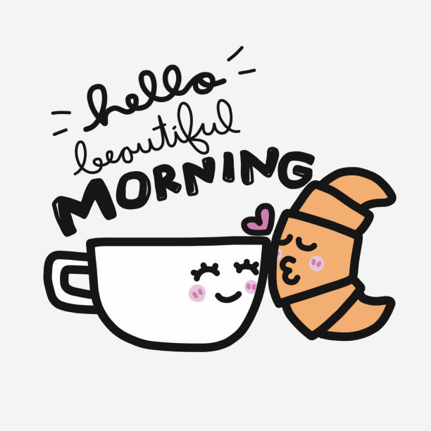 Hello Beautiful morning coffee cup and croissant couple kissing cartoon vector illustration doodle style Hello Beautiful morning coffee cup and croissant couple kissing cartoon vector illustration doodle style wednesday morning stock illustrations