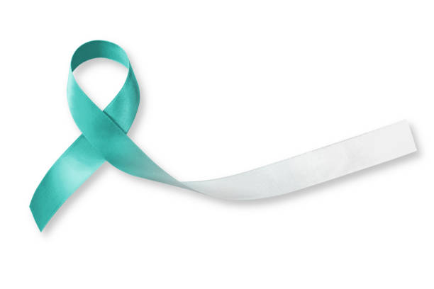 Teal and white ribbon (isolated on white background) for raising awareness on Cervical Cancer Teal and white ribbon (isolated on white background) for raising awareness on Cervical Cancer cervical cancer photos stock pictures, royalty-free photos & images