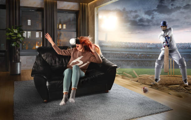 istock Woman in VR Glasses. Virtual Reality with cricket 1090647668