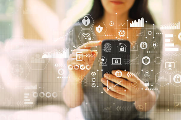 Cyber security theme with woman using a smartphone