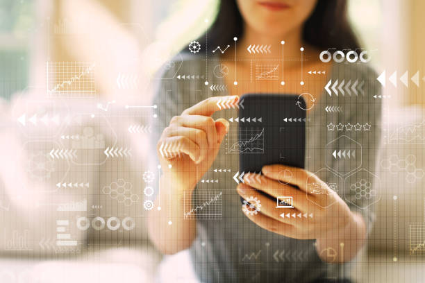 istock Technology arrow screen with woman using a smartphone 1090652212