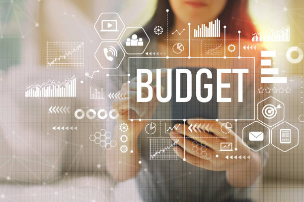 бюджет с женщиной с помощью смартфона - budget стоковые фото и изображения