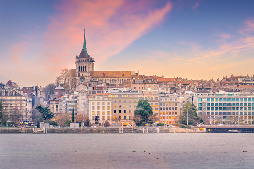 Urban view, Geneva skyline in Switzerland at twilight