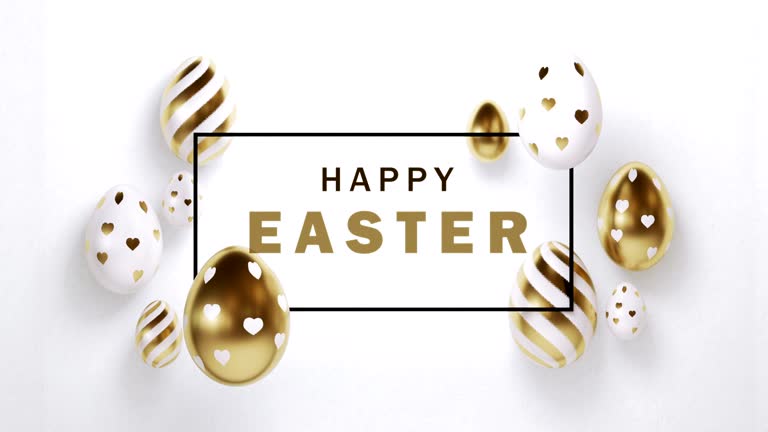 Gold painted Easter eggs with Happy Easter message on white background. Happy Easter text is placed in a black frame. Directly above. Horizontal composition with copy space. 4K resolution.
