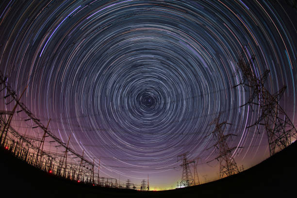 istock The high-voltage tower and the star track 1090668730