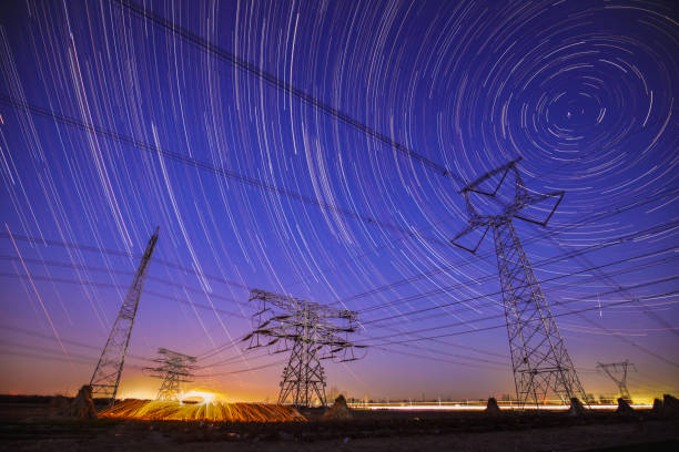 istock The high-voltage tower and the star track 1090668734