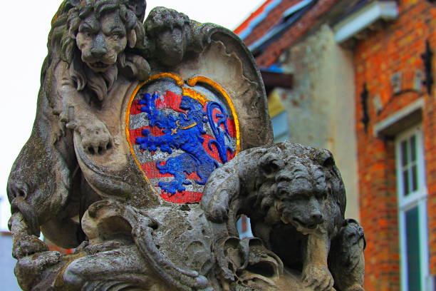 antigo lions e escudo com detalhes de brasão de armas de bruges-bruges, bélgica - flag flanders medieval lion - fotografias e filmes do acervo