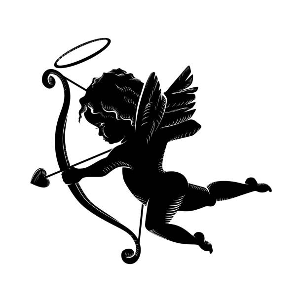 illustrazioni stock, clip art, cartoni animati e icone di tendenza di sagoma di un angelo, cupido - arrow heart shape isolated on white valentines day