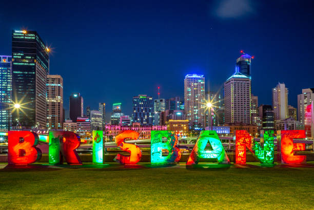 skyline of brisbane with the g20 Brisbane sign at South Bank The BRISBANE sign was original commissioned by the Queensland Government for the G20 Leaders' Summit in November 2014. brisbane photos stock pictures, royalty-free photos & images