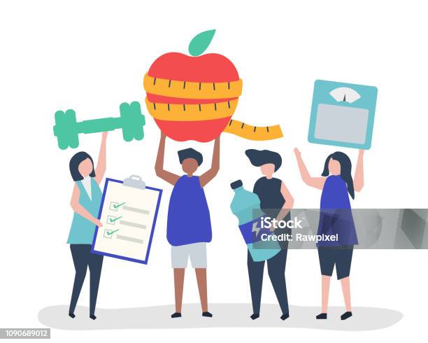 People Eating Healthy And Exercising Regularly Stock Illustration - Download Image Now - Healthy Lifestyle, Healthy Eating, Dieting