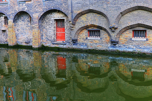 Rozenhoedkaai canal reflection and details – Bruges medieval old town – Belgium