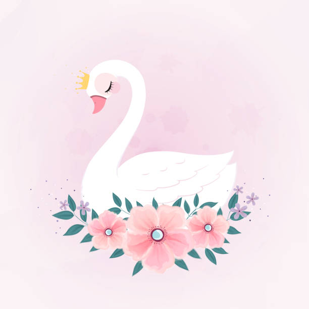 illustrations, cliparts, dessins animés et icônes de cygne princesse mignonne petite avec bouquet de fleurs. - swan princess cartoon crown