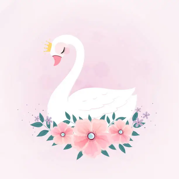 Vector illustration of cute Little Princess Swan with Flower bouquet.
