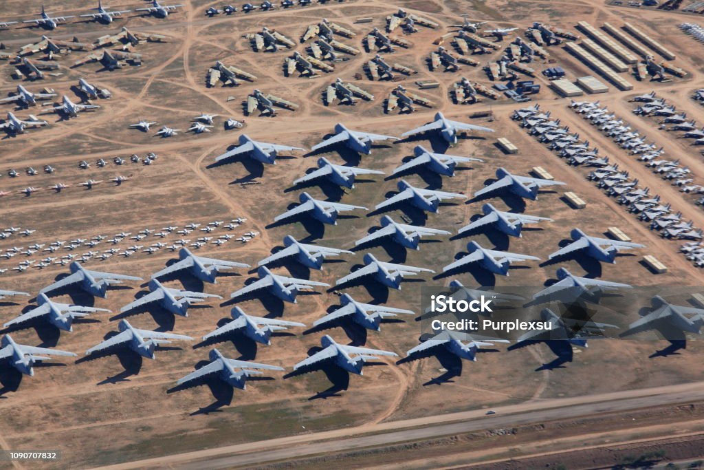 Overlook the aircraft boneyard, Davis-Monthan Air Force Base Today, surplus U.S. military planes are stored in the largest airplane boneyard in the world, operated by the 309th Aerospace Maintenance and Regeneration Group AMARG at Davis-Monthan Air Force Base in Tucson, Arizona Military Base Stock Photo