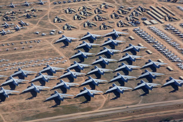 Overlook the aircraft boneyard, Davis-Monthan Air Force Base Today, surplus U.S. military planes are stored in the largest airplane boneyard in the world, operated by the 309th Aerospace Maintenance and Regeneration Group AMARG at Davis-Monthan Air Force Base in Tucson, Arizona military airplane photos stock pictures, royalty-free photos & images