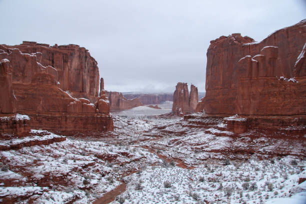 Snow covers Arches National Park in Moab Utah.