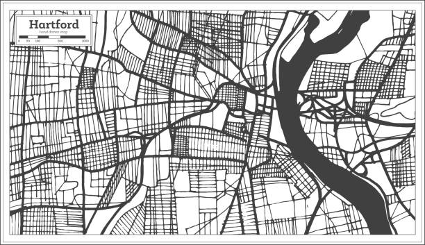 ilustraciones, imágenes clip art, dibujos animados e iconos de stock de mapa de la ciudad de hartford usa en estilo retro. mapa de contorno. - map cartography connecticut drawing