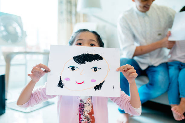 Young girl holding a self drawn portrait in front of her face Young girl holding a self drawn portrait in front of her face. Hong Kong self portrait stock pictures, royalty-free photos & images