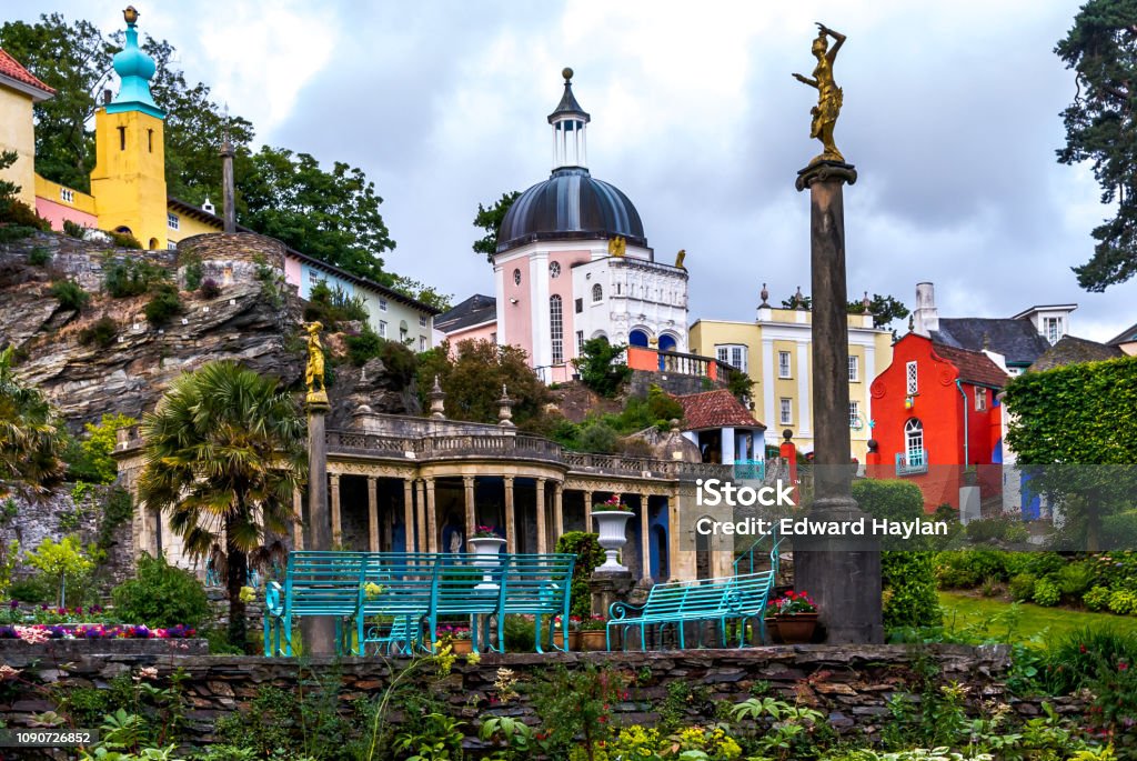 Village of Portmeirion in North Wales, UK. Holiday resort village of Portmeirion, North Wales, UK. Portmeirion Stock Photo