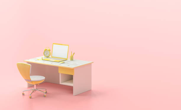 istock Minimal concept, laptop on table and chair yellow color 1090727092