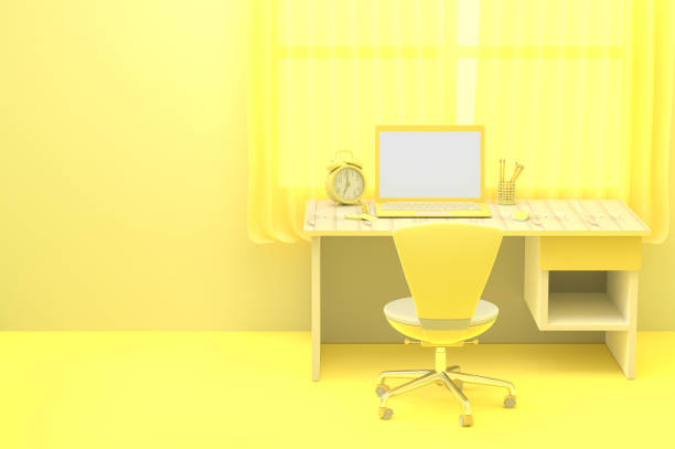 istock minimal idea concept, Laptop  mock-up on Work desk 1090727096