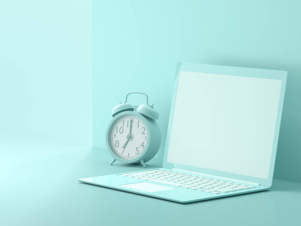 istock minimal idea concept, Laptop  mock-up on Work desk 1090727240