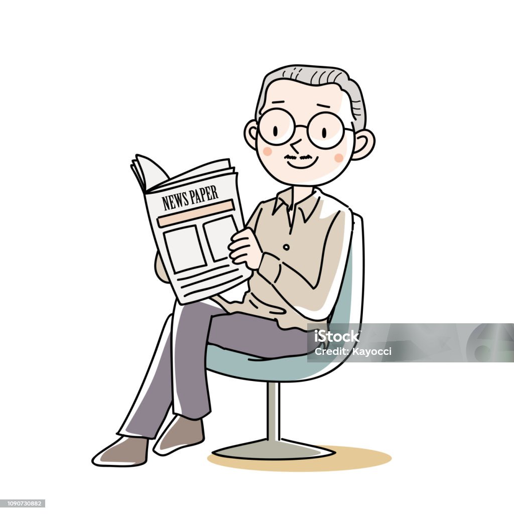 Senior male sitting and reading a news paper Illustration of a person relaxing. It is made with vector. Baby Boomer stock vector