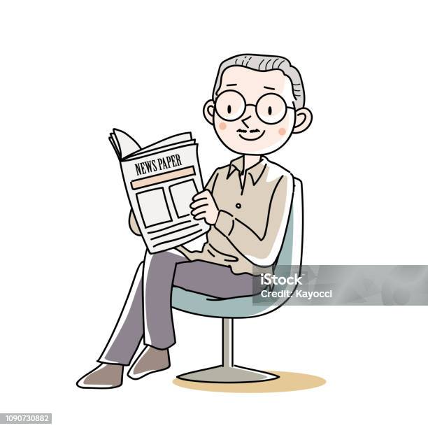 Senior Male Sitting And Reading A News Paper Stock Illustration - Download Image Now - Baby Boomer, Newspaper, Reading