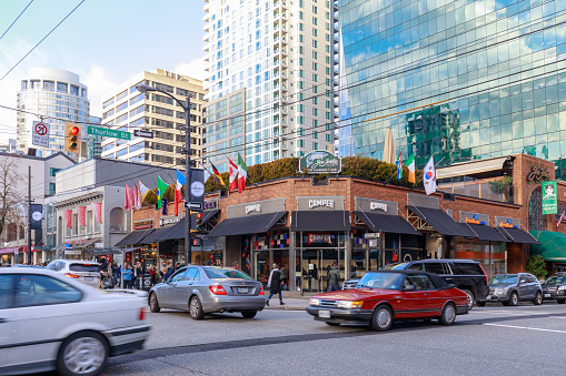Vancouver, Canada - Feb 1, 2019 : Robson Street of Downtown shopping district in Vancouver BC