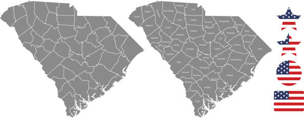 South Carolina county map vector outline in gray background. South Carolina state of USA map with counties names labeled and United States flag icon vector illustration designs The maps are accurately prepared by a GIS and remote sensing expert. south carolina stock illustrations