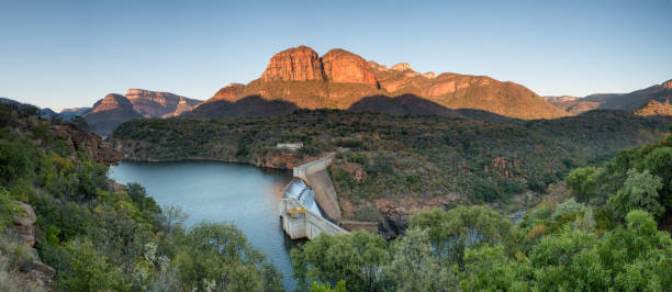 A panoramic image of the Blyde River catchment dam in the Blyde River Canyon in South Africa stock photo