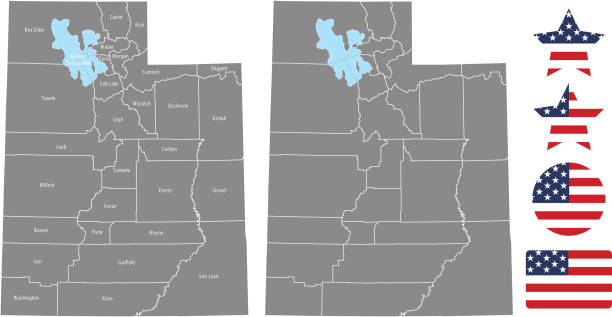 illustrazioni stock, clip art, cartoni animati e icone di tendenza di contorno vettoriale mappa contea utah in sfondo grigio. mappa dello stato degli stati uniti dello utah con i nomi delle contee etichettati e i disegni dell'illustrazione vettoriale dell'icona della bandiera degli stati uniti - salt lake city illustrations